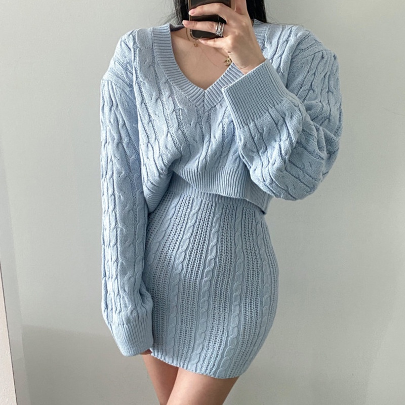 Bộ đồ dệt kim SUXI gồm áo tay dài cổ chữ V và chân váy lưng cao ôm dáng phong cách Hàn Quốc thời trang dành cho nữ