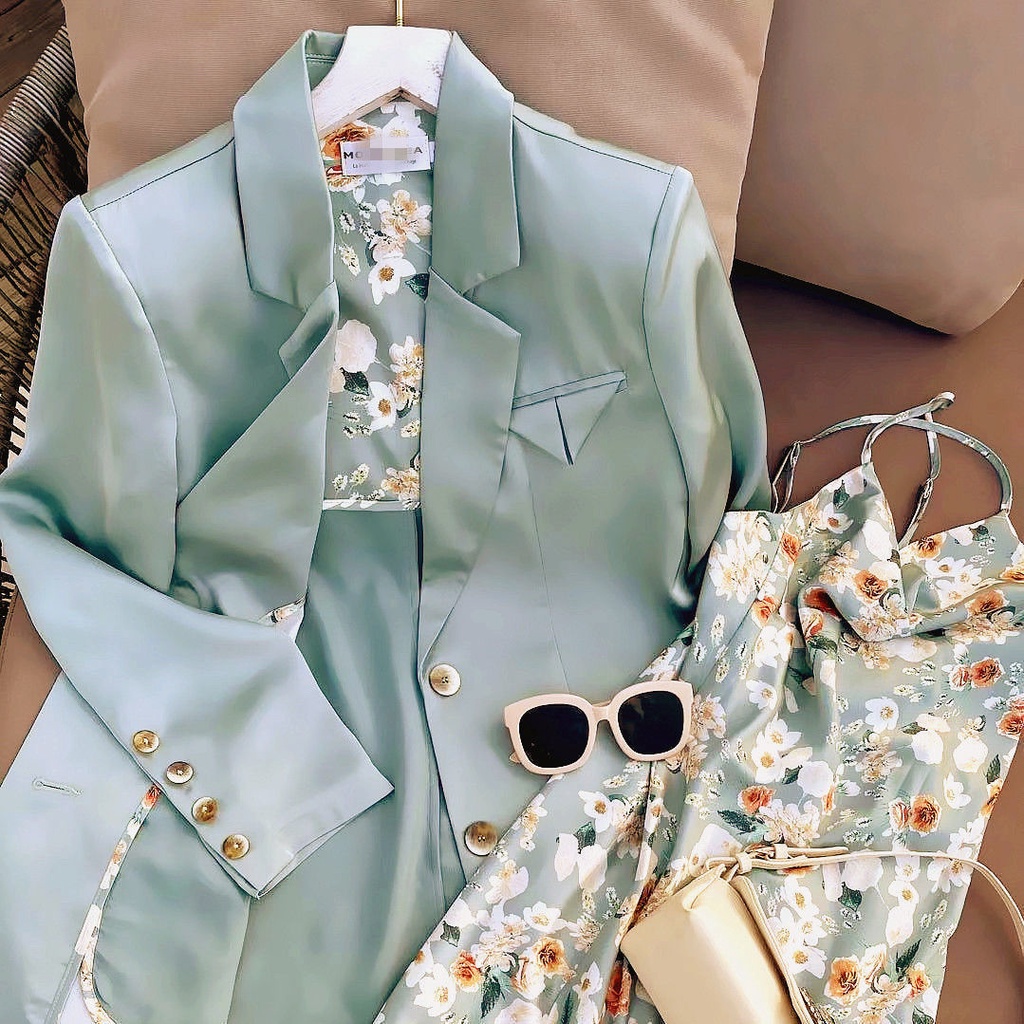 blazer nữ bigsize dày áo khoác hàn quốc Bộ Áo Khoác + Đầm Hai Dây In Hoa Phong Cách Hong Kong Cổ Điển Thời Trang Mùa Thu Hàng Mới 2022 Dành Cho
