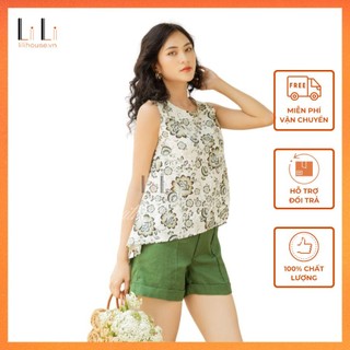 Set Đồ Nữ Đi Chơi Áo Kiểu Không Tay Họa Tiết Hoa Rêu Quần Đùi Gập Gấu Chất Vải Linen Cao Cấp