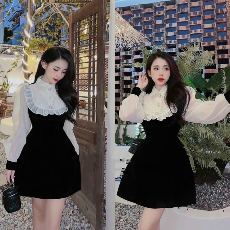 Đầm Nhung Viền Bèo Sơmi Siêu Xinh