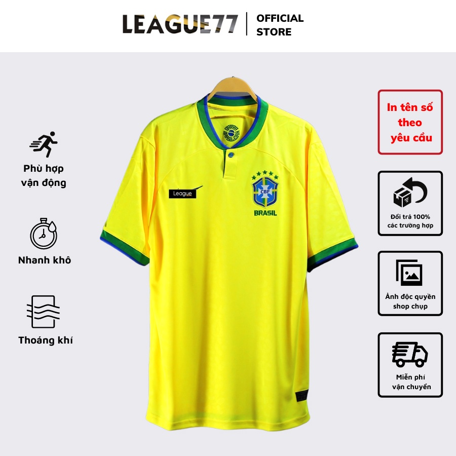 Áo tuyển Brazil sân nhà leaguestore 22/23 - bộ quần áo đá bóng màu vàng vải thái dệt mịn form âu