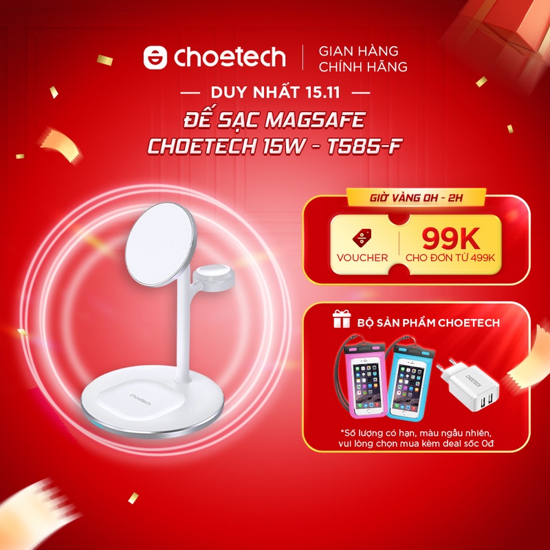 Đế sạc MagSafe CHOETECH 3 in 1 Magnetic Wireless Charger 15W - T585-F (iPhone 12/Airpods 3/Airpods Pro/Apple Watch)