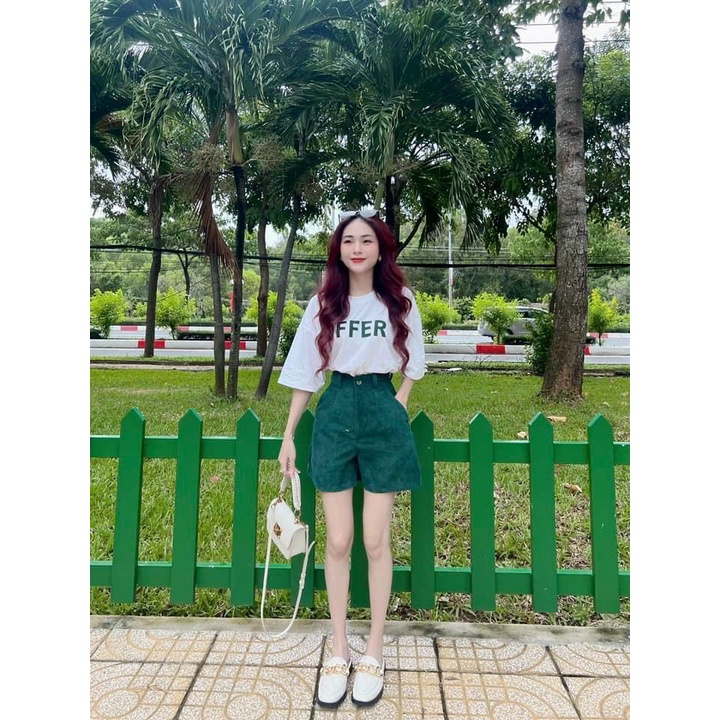 Sét bộ thời trang nữ mặc đi chơi áo cotton tay ngắn cổ tròn in chữ mix quần đùi chất tăm nhung cao cấp