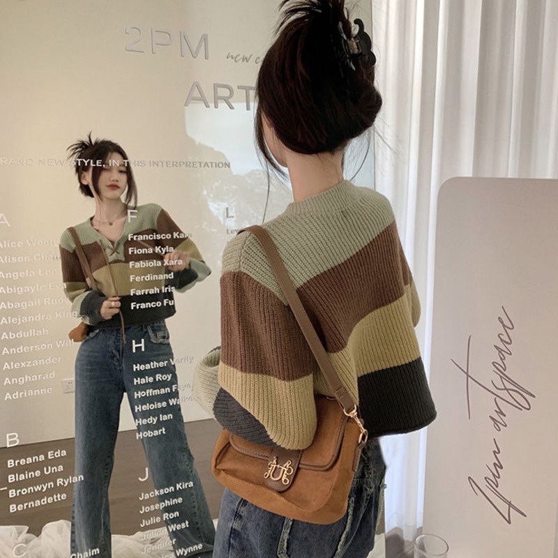 Áo Sweater Tay Dài Kẻ Sọc Màu Sắc Tương Phản Phong Cách Hàn Quốc