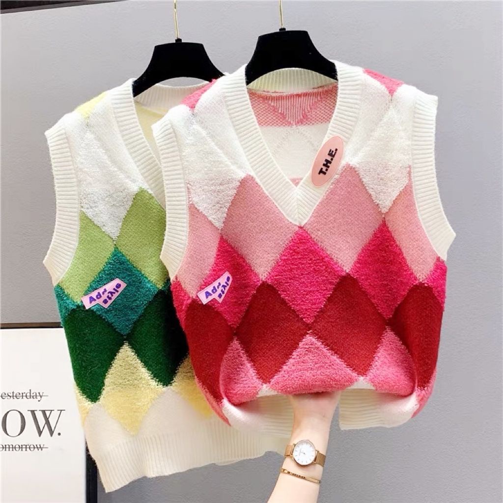 Áo Dệt Kim Sát Nách Dáng Rộng Họa Tiết Hình Thoi Thời Trang Hàn Quốc Cho Nữ