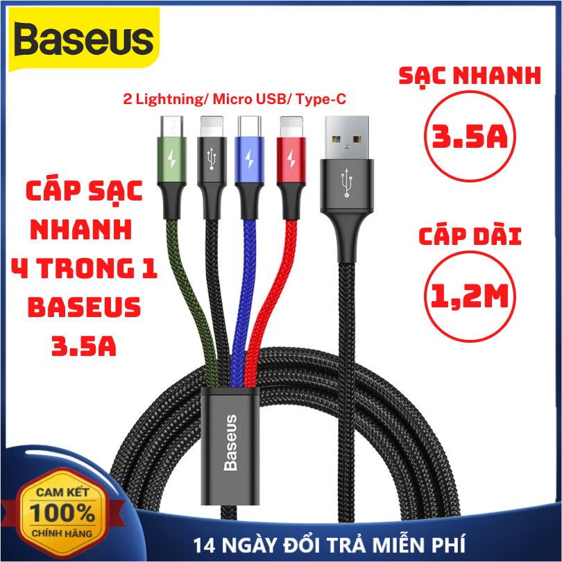 Cáp Sạc Nhanh 4 Trong 1 IP Type C Micro USB Baseus 3.5A Dây Sạc Nhanh 4 Trong 1 Cáp Sạc 4 Đầu Sạc Nh