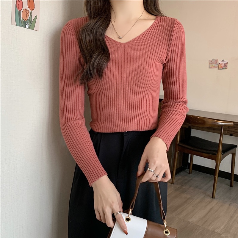 Áo Len Cổ Chữ V Cho Nữ Hàng Dệt Kim, 10 Màu Đơn Giản Retro Màu Trơn Tay Dài Dệt Kim Hàng Đầu