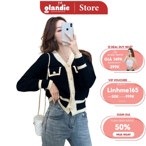 Áo len nữ Glandie phối viền xinh xắn, chất len mềm mại.