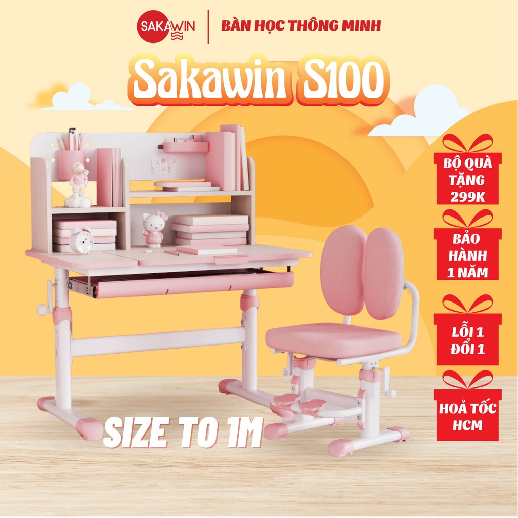 (Chỉ hoả tốc) Bàn học chống gù Sakawin S100, Bàn học sinh có giá sách Nâng hạ tay quay cao cấp