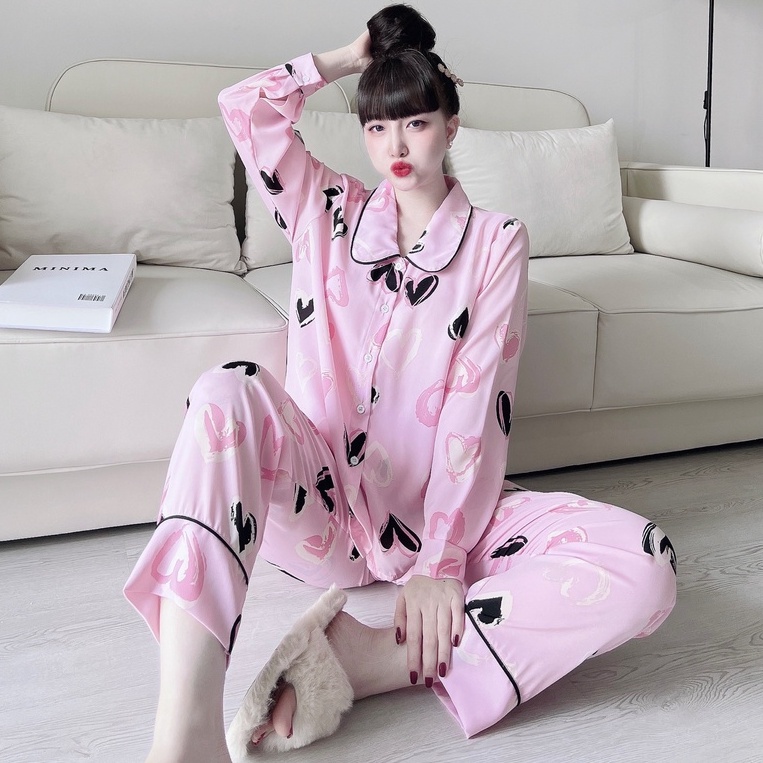 Đồ Bộ Nữ Pijama SOJUN Quần Dài Tay dài Lụa Mango Cổ Sen Cao Cấp 50-65kg