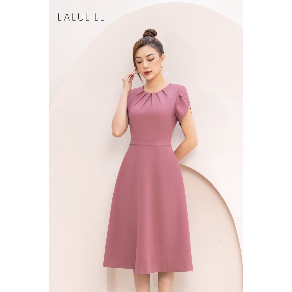 Đầm công sở nữ dáng A LALULILL tay cánh hồng cổ xếp ly hồng đỗ LDL2267202