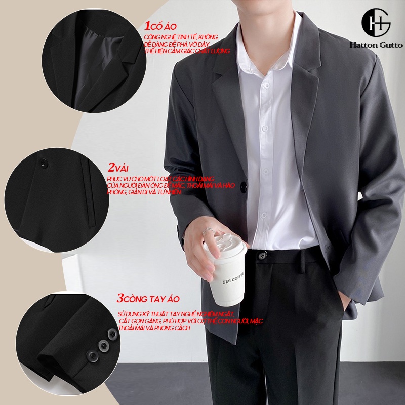 Áo blazer HATTON GUTTO dáng dài rộng phối cổ tay sành điệu màu be đen phong cách Hàn Quốc thời trang unisex cho nam