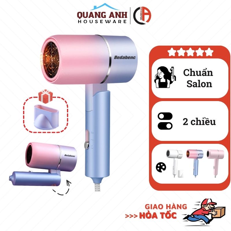 Máy sấy tóc mini gấp gọn BEDABENC có ánh sáng ion chăm sóc chống sơ tóc tạo kiểu chuẩn salon