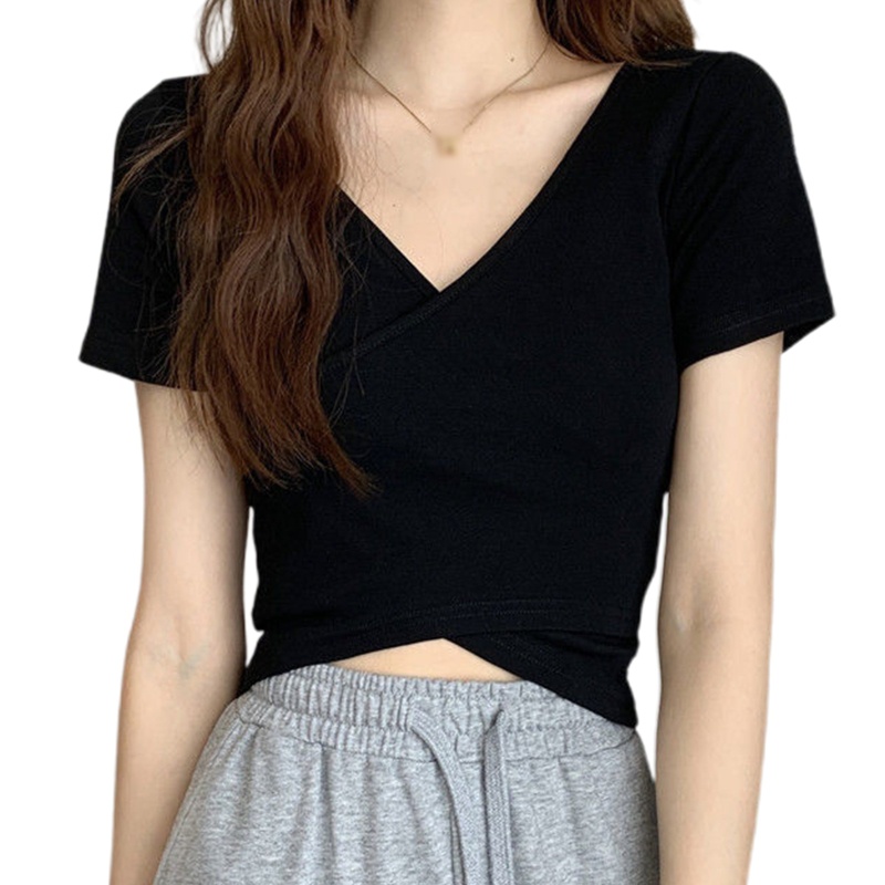 Áo Thun Lửng Ngắn Tay Cổ V Sâu Phong Cách Quyến Rũ Dành Cho Nữ