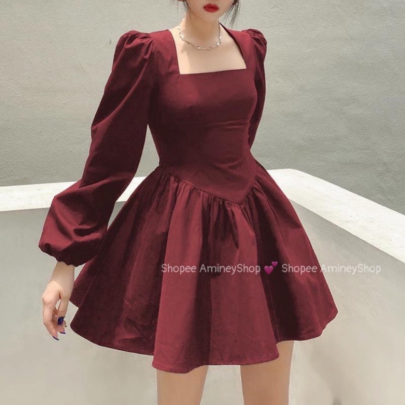 Đầm xoè cổ vuông tay phồng 3 màu hot kèm ảnh thật Amineyshop