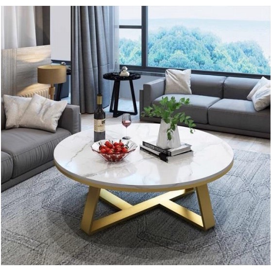 Bàn sofa tròn chân chéo, mặt đá 3D