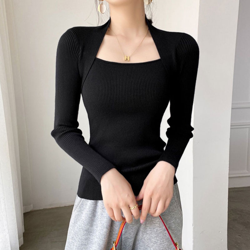 Áo Dệt Kim Tay Dài Cổ Vuông Quyến Rũ Thời Trang Hàn Quốc Cho Nữ