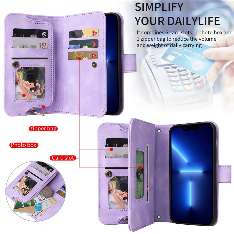 Ốp Điện Thoại Da Kèm Ngăn Đựng Thẻ Khóa Nam Châm Dây Dài Cho IPhone 14 13 12 Mini Pro Max Plus