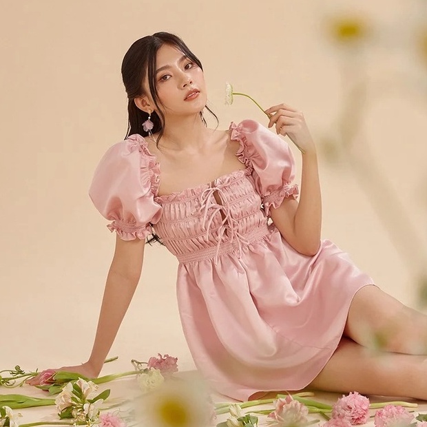 Đầm chữ A tay bồng màu hồng SheByShj - Candy Dress