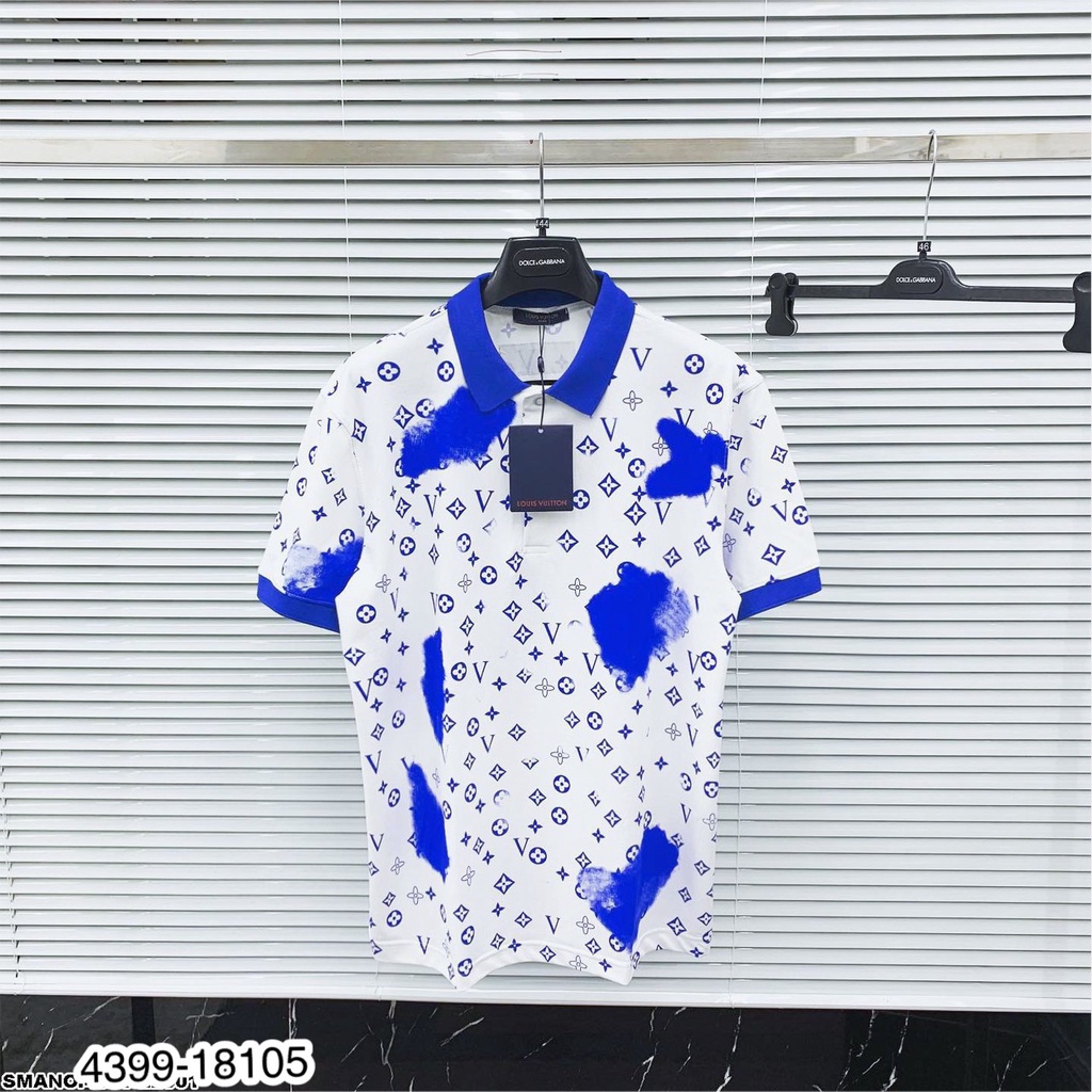 [Siêu Sale] Áo Polo Nam Trắng Loang Xanh In Chữ LV Chất Mát Mịn