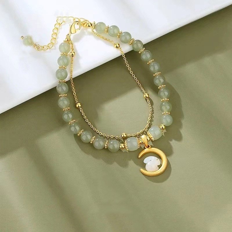 Yueshang Vòng Tay Ngọc Bích Hai Lớp Mặt Hình Thỏ Thời Trang Sang Trọng