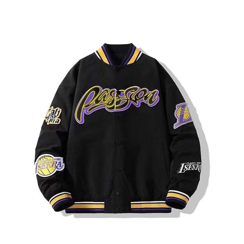 Áo Khoác Bóng Chày Dáng Rộng Thêu Hình Đội Bóng Rổ Los Angeles Lakers Phong Cách Đường Phố Mỹ Thời Trang Cho Nam Và Nữ