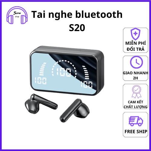 Tai nghe nhét tai mini S20 Bluetooth 5.2 không dây thể thao phối mặt gương với 3D Touch LED chống thấm nước