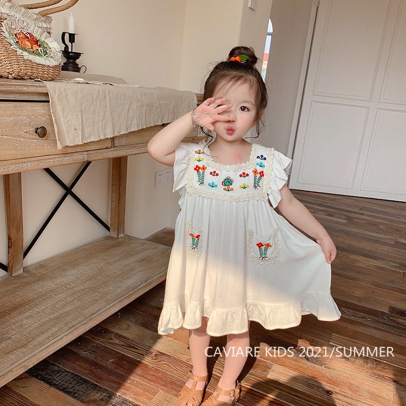 Babyfair Đầm Bé Gái Cotton Không Tay Thêu Thoáng Khí Mùa Hè Có Ren Viền Cho 1 Tuổi Tập Đi