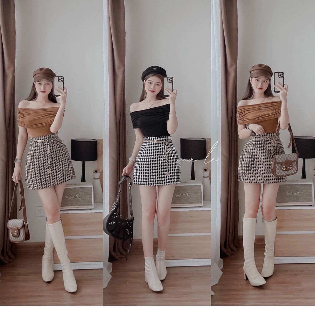 Set bộ nữ áo nhún trễ vai phối chân váy chữ A chất dạ có khoá kéo dễ thương DX