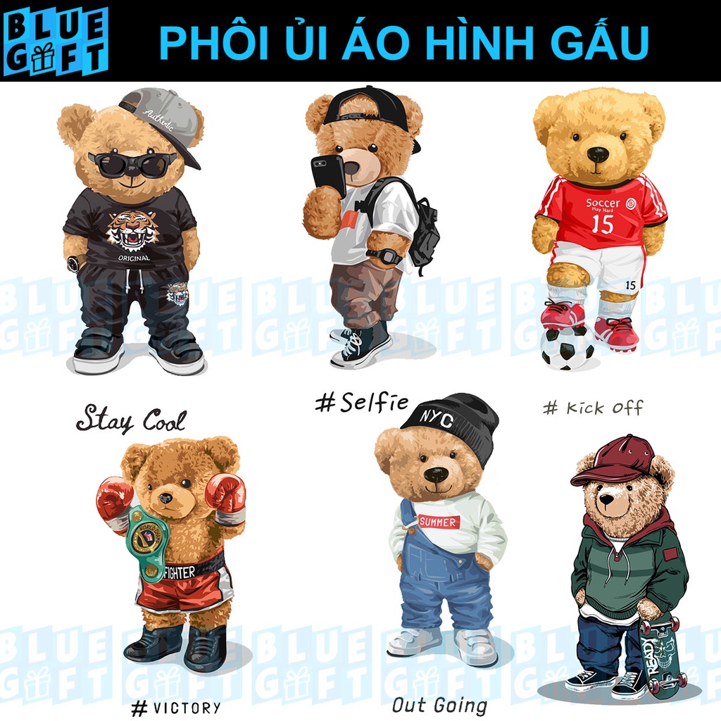 (Hình Ủi Nhiệt Quần Áo - Miếng Dán Ủi Quần Áo) Có In Theo Yêu Cầu, Hình Ủi Gấu G25 - Blue Gift