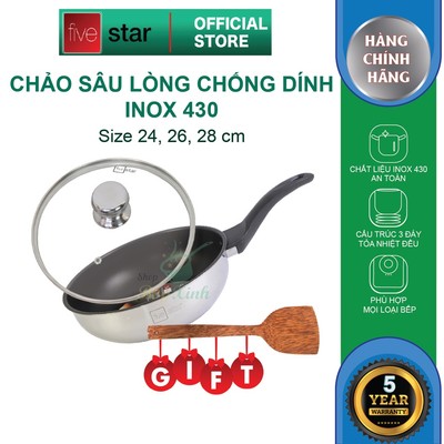 Chảo đáy từ chống dính sâu lòng cao cấp Fivestar 24cm , 26cm nắp kính , tặng 1 sạn dừa