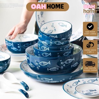 Bộ bát đĩa cá xanh lam nhẹ nhàng, tươi sáng