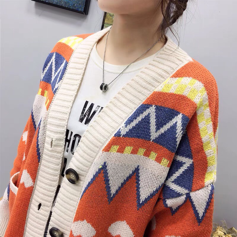 Áo khoác len cardigan nữ dệt kim tay dài dáng rộng họa tiết thổ cẩm vintage nhiều màu ullzang kiểu Hàn Quốc S-35.1