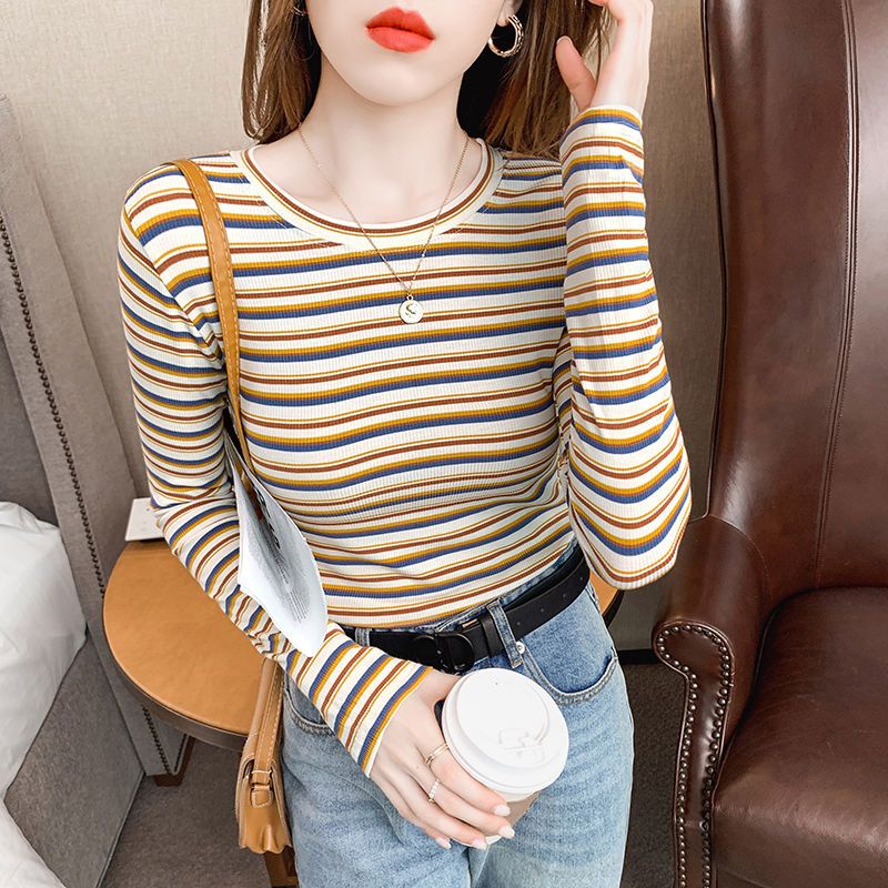 Áo Thun Tay Dài Dáng Ôm Họa Tiết Kẻ Sọc Màu Sắc Tương Phản Thời Trang Xuân Thu  Có Size Lớn Cho Nữ