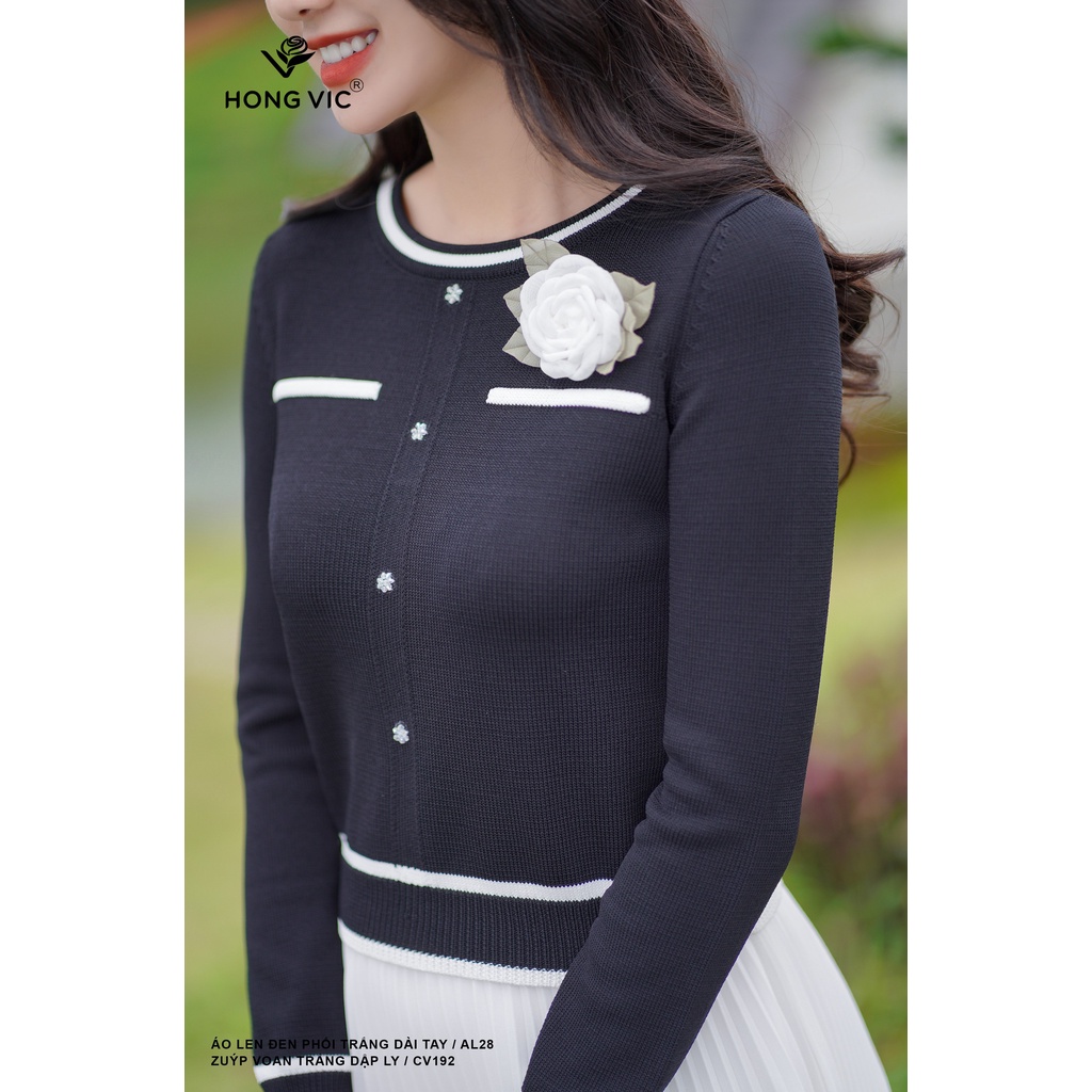 Áo len nữ thiết kế Hong Vic đen phối trắng dài tay AL28