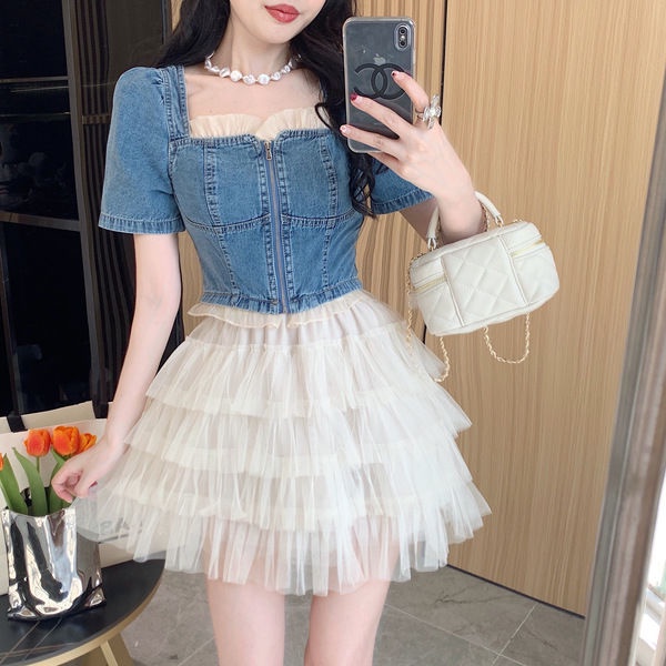 Áo Sơ Mi Ngắn Tay Cổ Vuông Kèm Chân Váy Jean Ngắn Phong Cách Hàn Quốc Thời Trang Cho Nữ