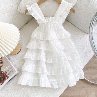 Váy 2 dây trắng maxi nhiều tầng cho bé gái siêu xinh