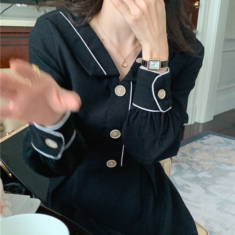 Đầm SUXI dáng chữ A cổ bẻ màu sắc vintage thời trang mùa thu phong cách Hàn Quốc