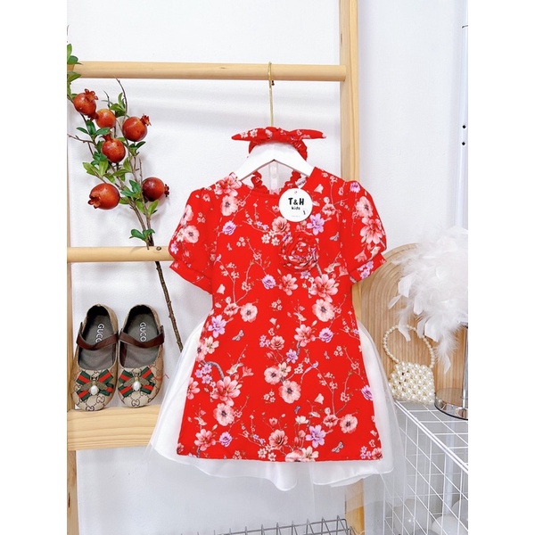 sét bộ áo dài cách tân hoa nhí phối chân váy ren hai lớp cho bé gái(10-20kg)