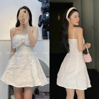 Đầm gấm xốp trắng phối tơ nơ ngực, váy ngắn xoè nhẹ, thời trang nữ tiểu thư dễ thương sang trọng đi chơi dạo phố dự tiệc
