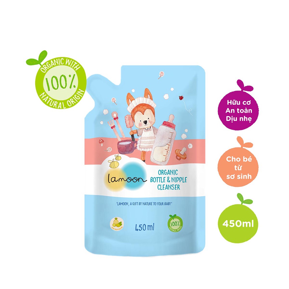 COMBO Nước Rửa Bình Sữa Organic An Toàn Cho Bé Lamoon Dạng Bình 500ml + Túi Refill 450ml