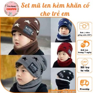 Sét mũ len ngôi sao kèm khăn lót lông cho bé bộ khăn nón len cho trẻ em 2-7 tuổi
