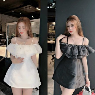 Đầm dự tiệc 2 dây phối voan đính cườm phong cách ngọt ngào