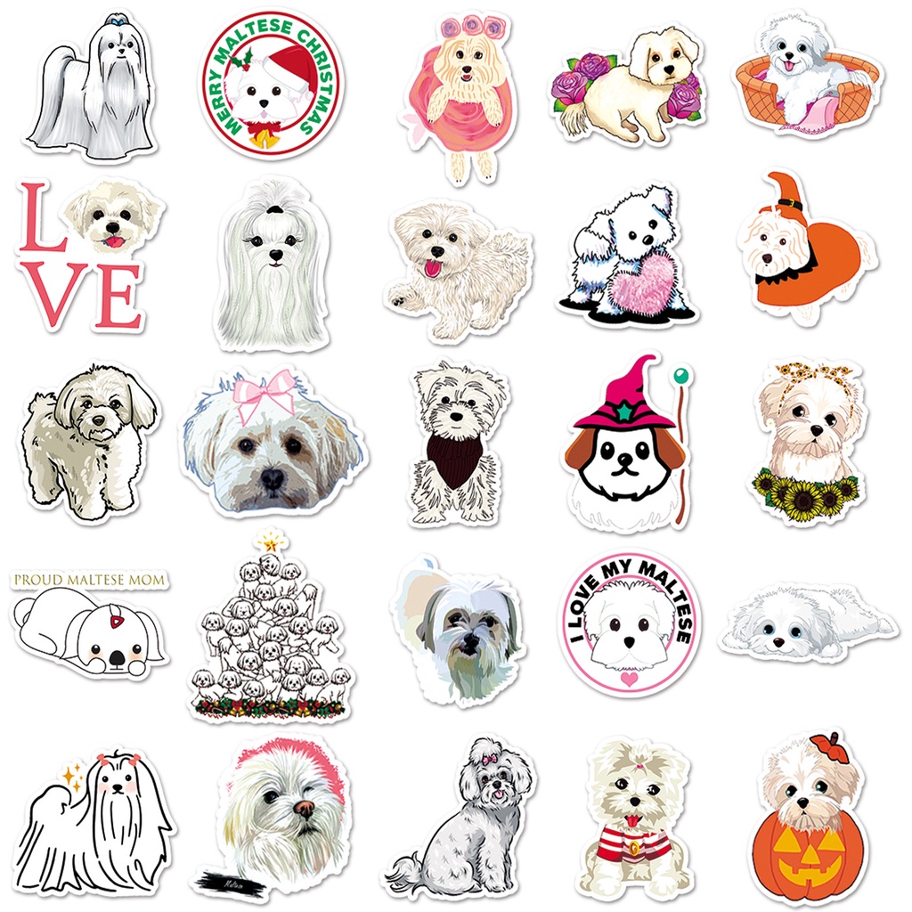 [Set 50 Cái] Bộ Sticker chó Maltese đáng yêu dán trang trí laptop, mũ bảo hiểm, vali, xe ga, ván trượt - DB.054