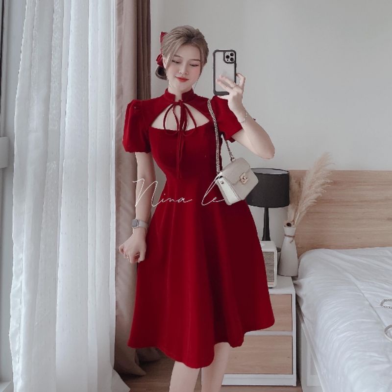 VÁY NHUNG TAY BỒNG KHOÉT NGỰC