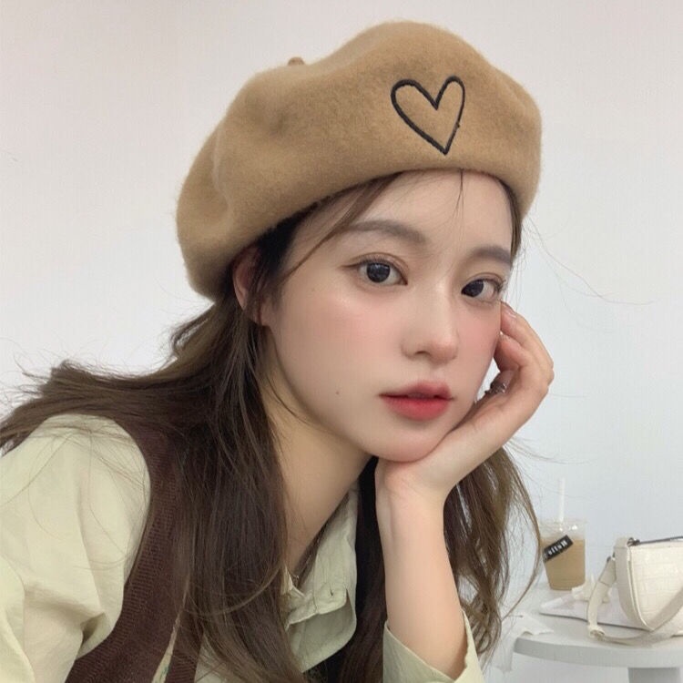 Mũ Beret Len Thêu Hình Trái Tim Xinh Xắn Thời Trang Mùa Thu Đông Theo Phong Cách Hàn Quốc
