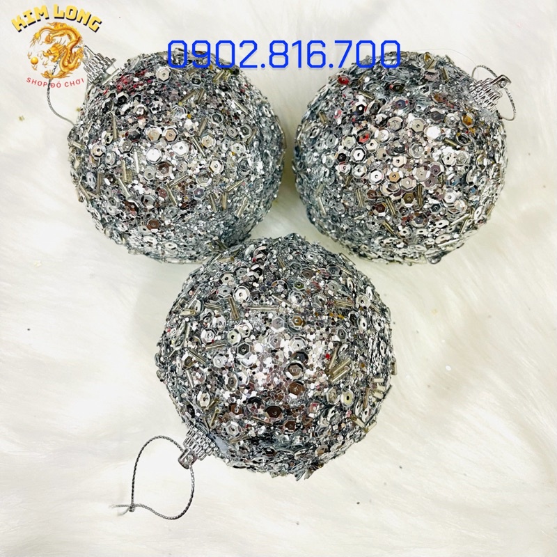 Set 3 trái châu đính kim tuyến kim sa 8cm vàng bạc đỏ phụ kiện trang trí noel ngày lễ Giáng sinh