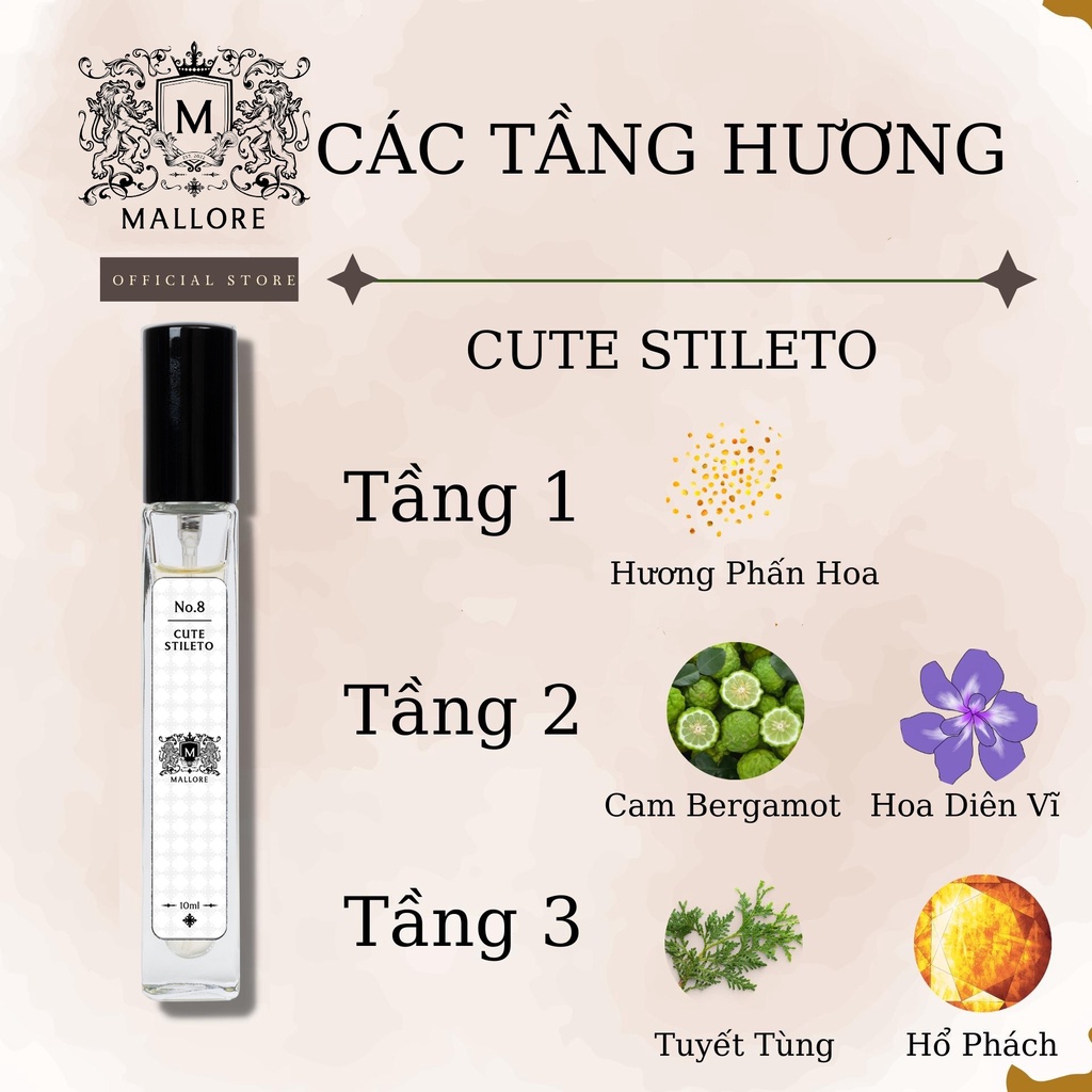 Nước hoa nữ Mallore Cute Stileto ngọt ngào, quyến rũ, sang trọng. Nước hoa mini gợi cảm 10ml dạng xịt tiện lợi