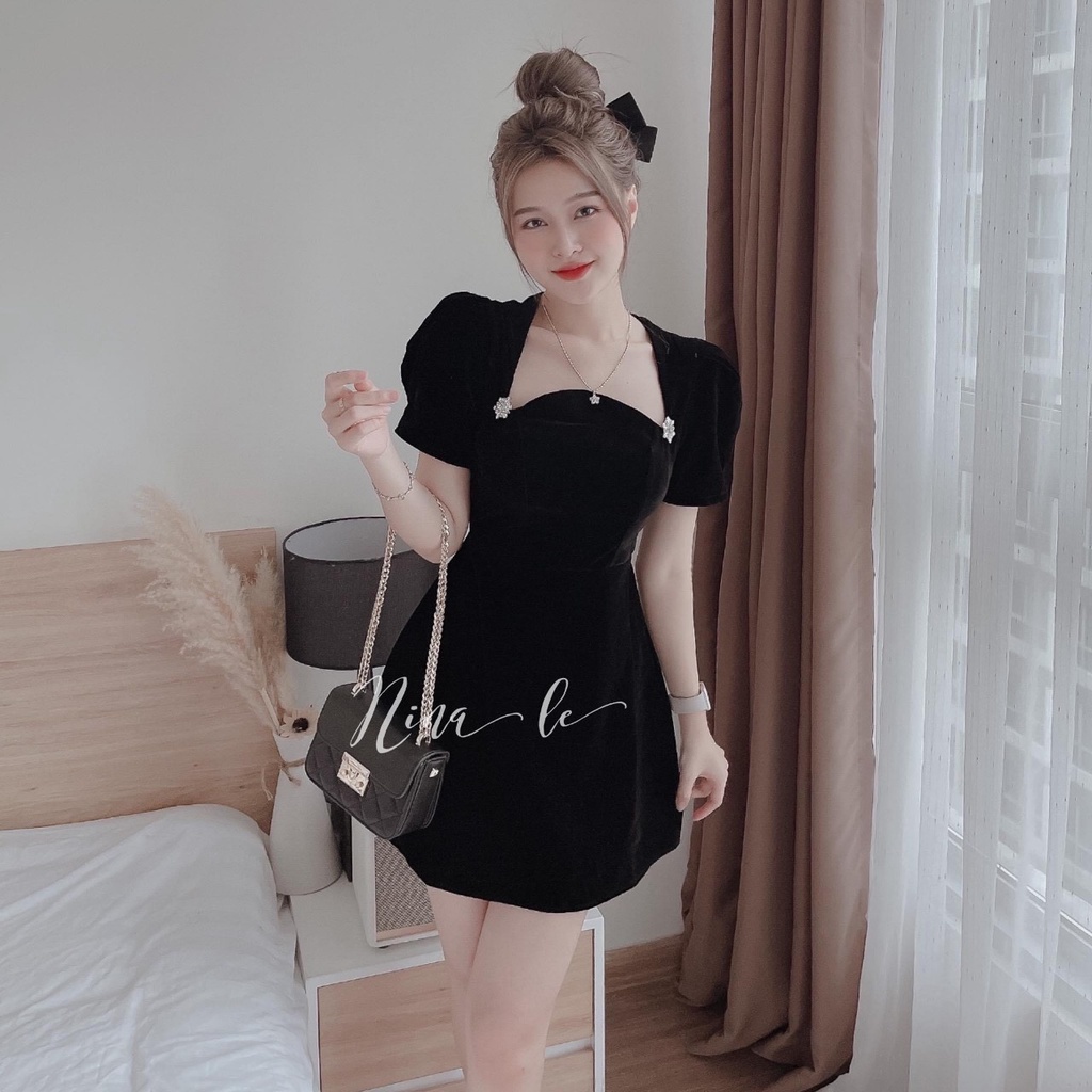 Đầm tiểu thư đi dự tiệc, đầm suông dáng xòe thiết kế cúp ngực phối tay phồng tôn dáng, chất vải nhưng cứng cưc sang