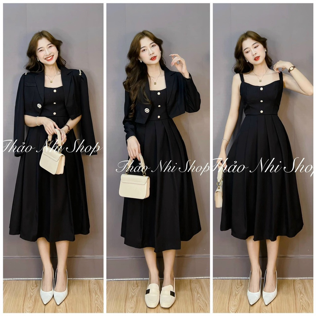 Set đầm midi đen 2 dây kèm khoác crop vest tay dài đính hạt sang chảnh thảo nhi shop